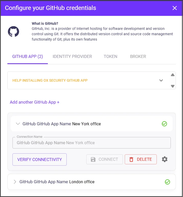 Configure GitHub credentials in OX Security platform with GitHub App integration for secure source code and identity management