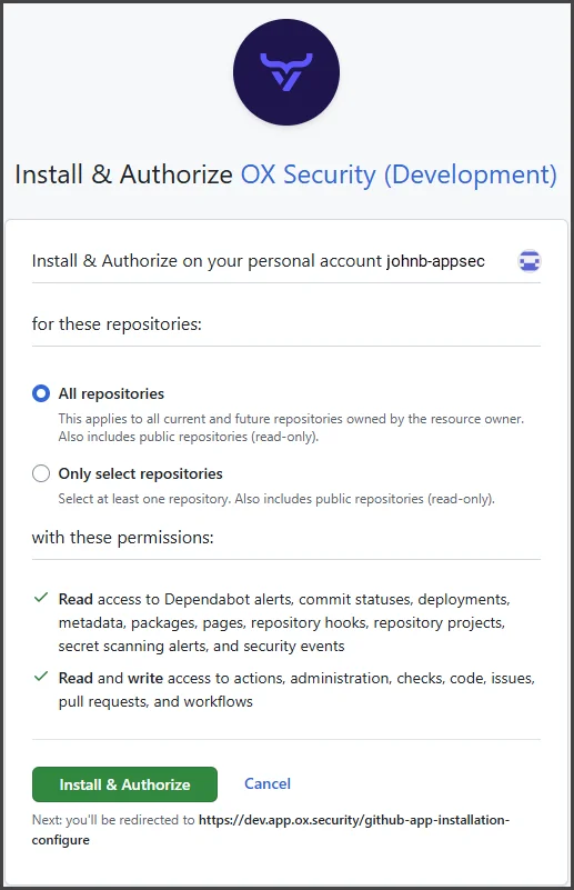 OX Security GitHub app installation and authorization screen showing repository access and security permissions.