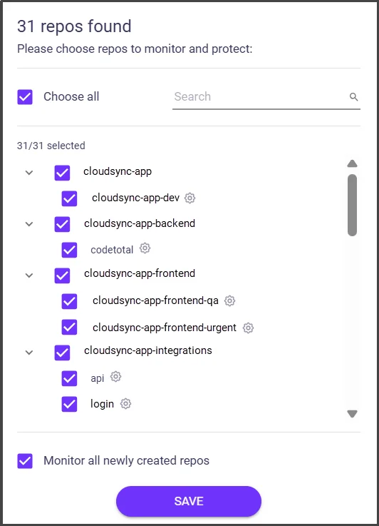 Repository selection screen in OX Security showing 31 GitHub repositories monitored and protected, including cloudsync-app, backend, frontend, integrations, API, and login.