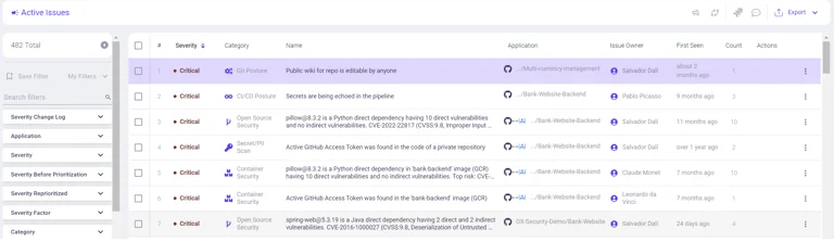 OX Security dashboard showing Active Issues list with 482 total vulnerabilities, including critical Git posture, CI/CD pipeline secrets, open source security risks, and container security misconfigurations.