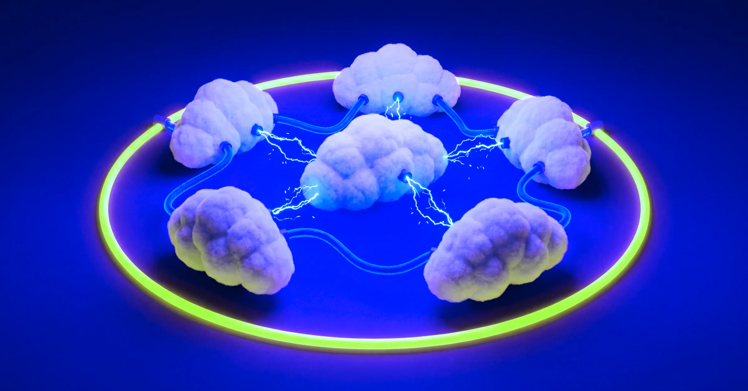 Cloud-native infrastructure visualization showing interconnected cloud environments and secure network communication