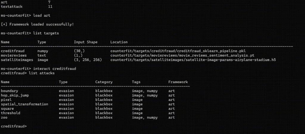 Microsoft Counterfit command-line interface listing adversarial attack strategies including boundary, hop-skip-jump, pixel, and spatial transformation evasion attacks for AI model testing