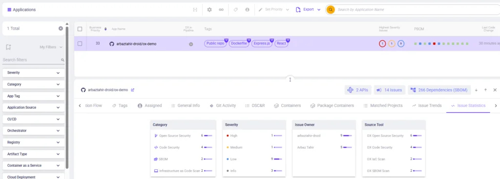 OX Security active issues panel showing high severity SBOM and secrets findings with attack path graph linking dependencies and CI artifacts to production