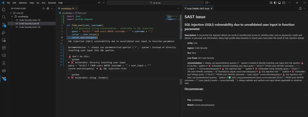 OX Security SAST issue flagging SQL injection vulnerability in VS Code due to unvalidated user input in function parameter with remediation guidance